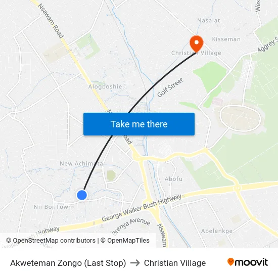 Akweteman Zongo (Last Stop) to Christian Village map