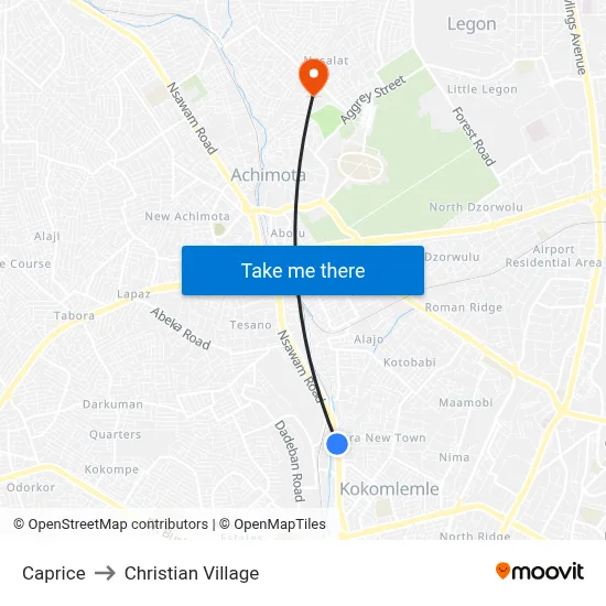 Caprice to Christian Village map