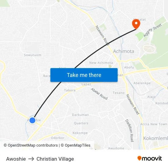 Awoshie to Christian Village map