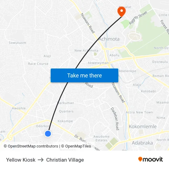 Yellow Kiosk to Christian Village map