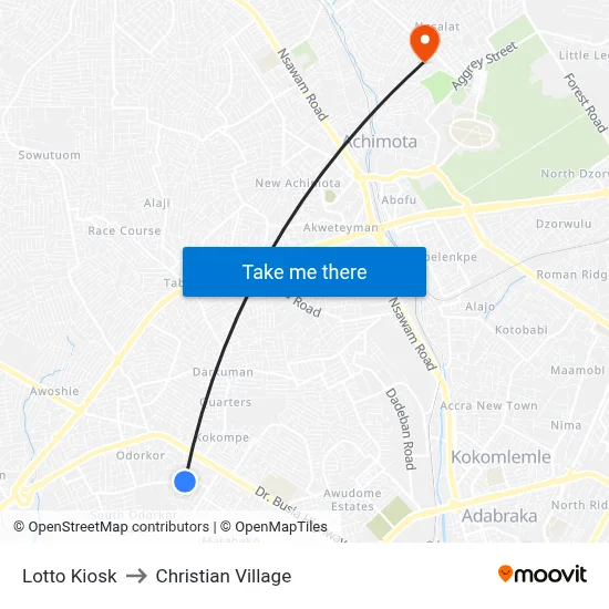Lotto Kiosk to Christian Village map