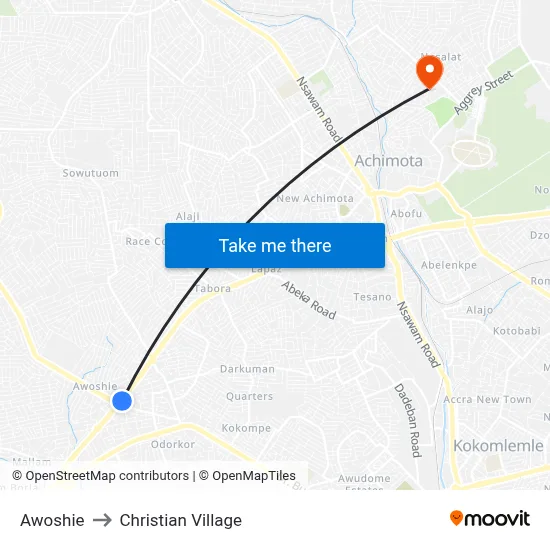 Awoshie to Christian Village map