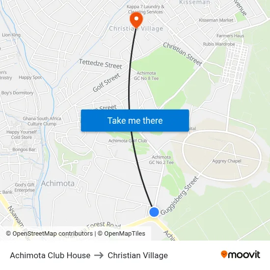 Achimota Club House to Christian Village map