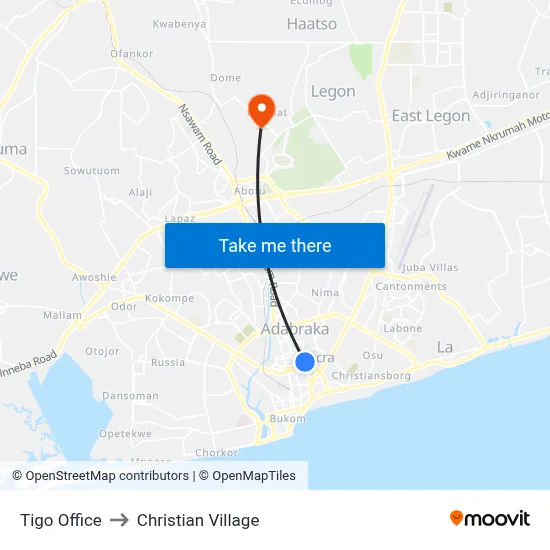 Tigo Office to Christian Village map