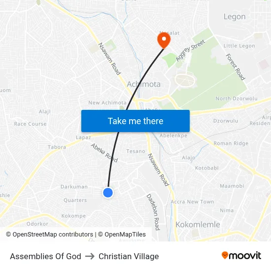 Assemblies Of God to Christian Village map