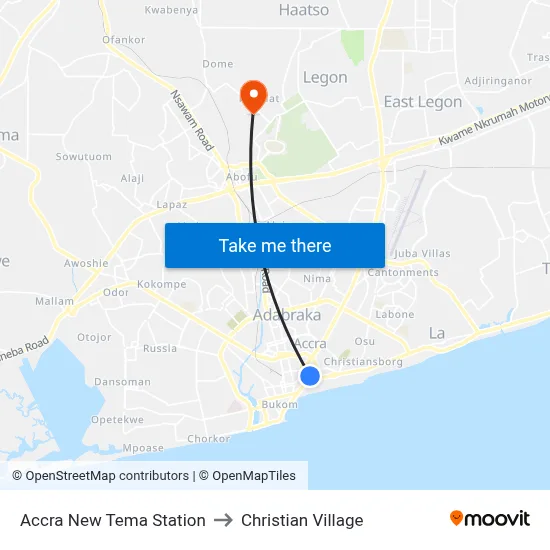Accra New Tema Station to Christian Village map