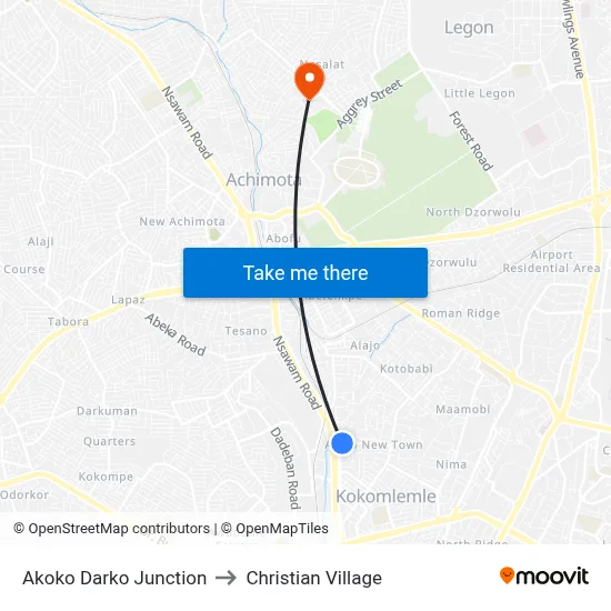 Akoko Darko Junction to Christian Village map