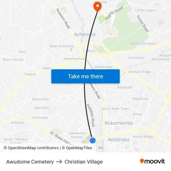 Awudome Cemetery to Christian Village map