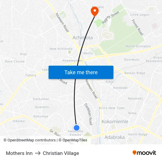 Mothers Inn to Christian Village map