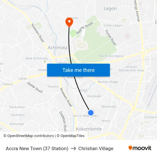 Accra New Town (37 Station) to Christian Village map