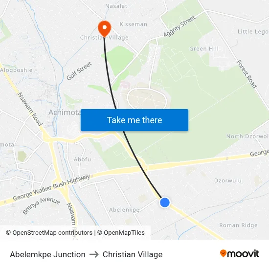 Abelemkpe Junction to Christian Village map