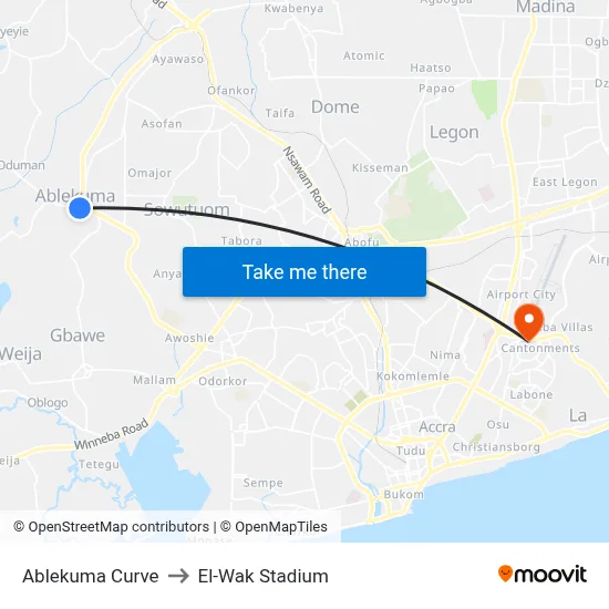 Ablekuma Curve to El-Wak Stadium map