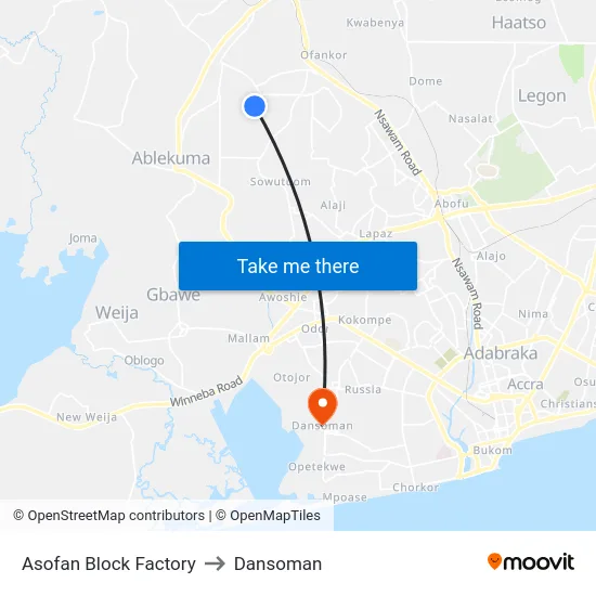 Asofan Block Factory to Dansoman map