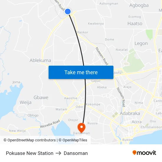 Pokuase New Station to Dansoman map