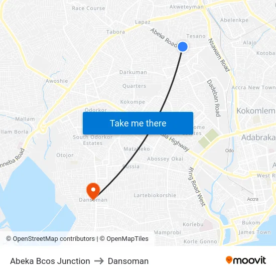 Abeka Bcos Junction to Dansoman map