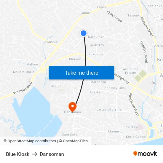 Blue Kiosk to Dansoman map