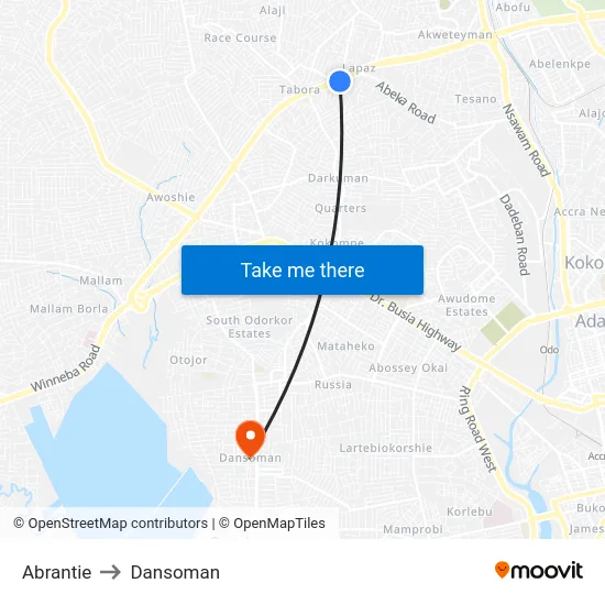 Abrantie to Dansoman map