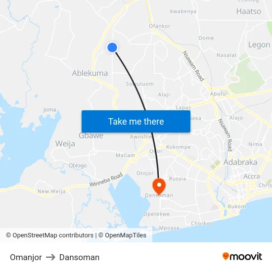 Omanjor to Dansoman map