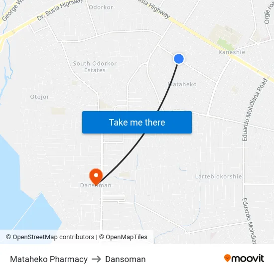 Mataheko Pharmacy to Dansoman map