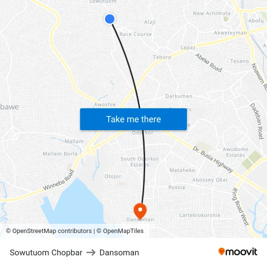 Sowutuom Chopbar to Dansoman map