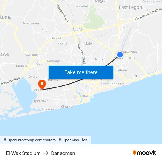 El-Wak Stadium to Dansoman map