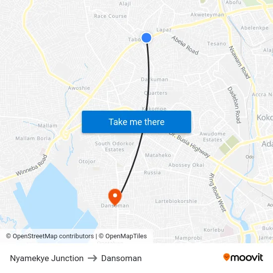 Nyamekye Junction to Dansoman map
