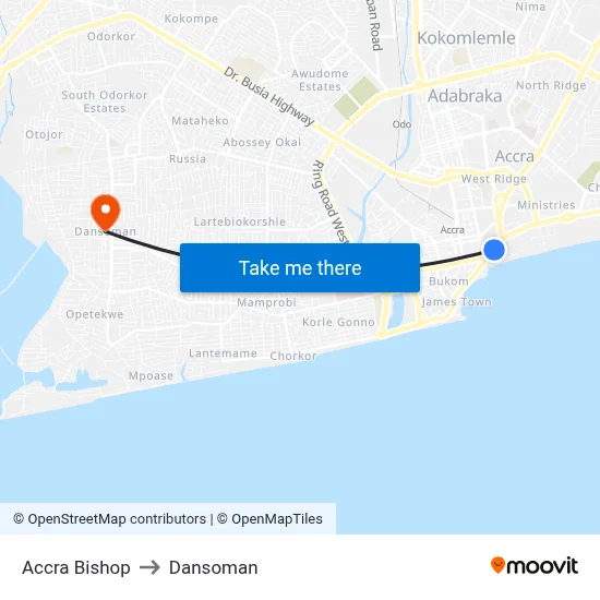 Accra Bishop to Dansoman map