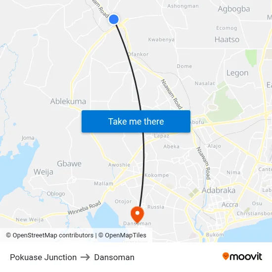 Pokuase Junction to Dansoman map