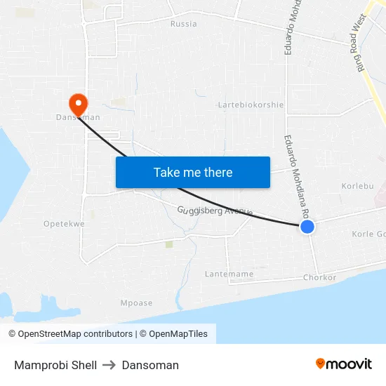 Mamprobi Shell to Dansoman map