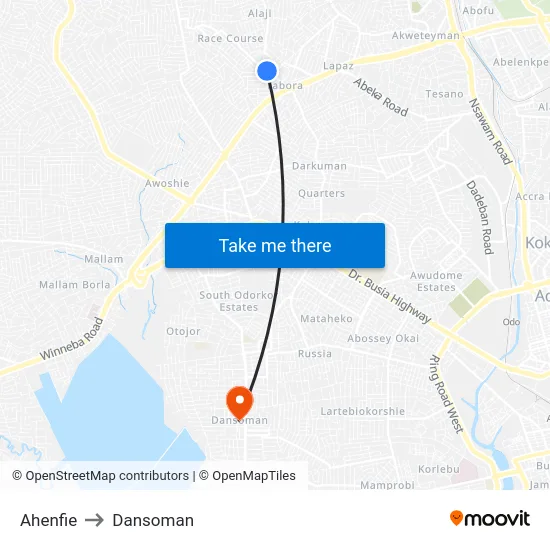 Ahenfie to Dansoman map