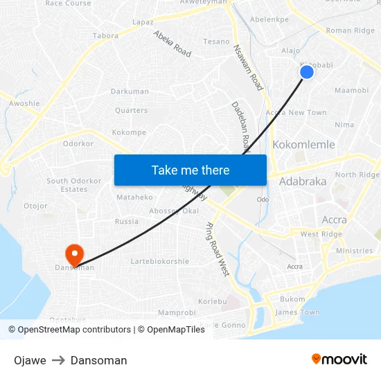 Ojawe to Dansoman map