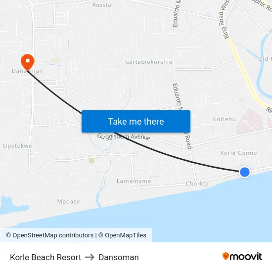 Korle Beach Resort to Dansoman map