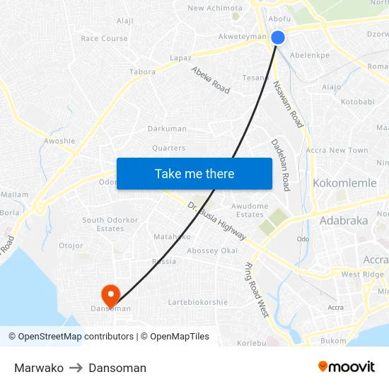 Marwako to Dansoman map