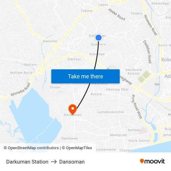 Darkuman Station to Dansoman map