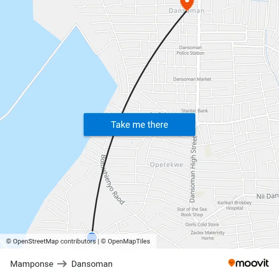 Mamponse to Dansoman map