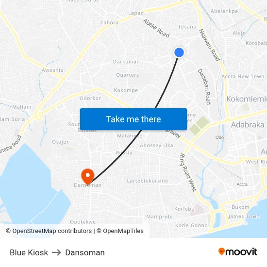 Blue Kiosk to Dansoman map