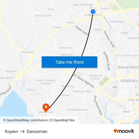 Kopevi to Dansoman map