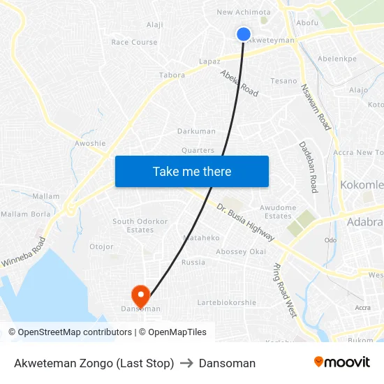Akweteman Zongo (Last Stop) to Dansoman map