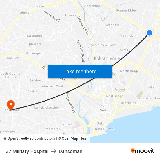 37 Military Hospital to Dansoman map