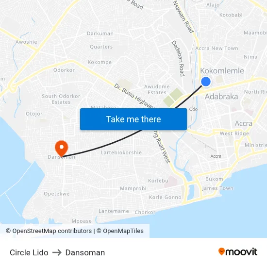 Circle Lido to Dansoman map