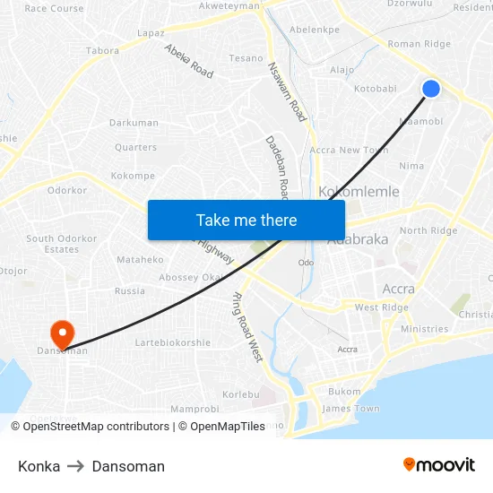 Konka to Dansoman map