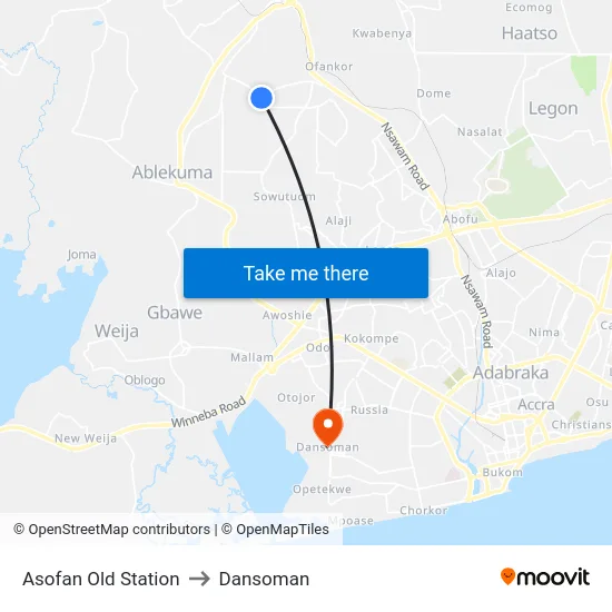 Asofan Old Station to Dansoman map
