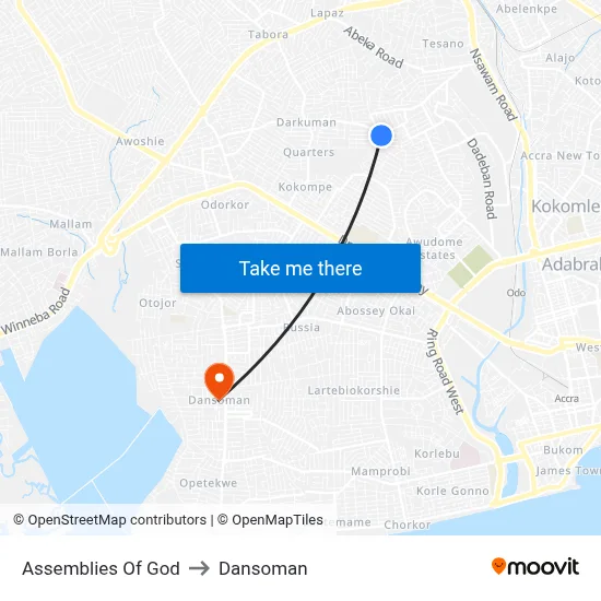 Assemblies Of God to Dansoman map