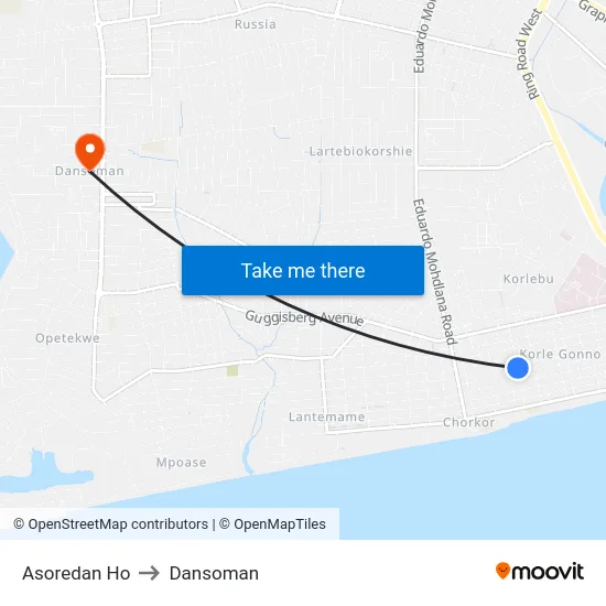 Asoredan Ho to Dansoman map