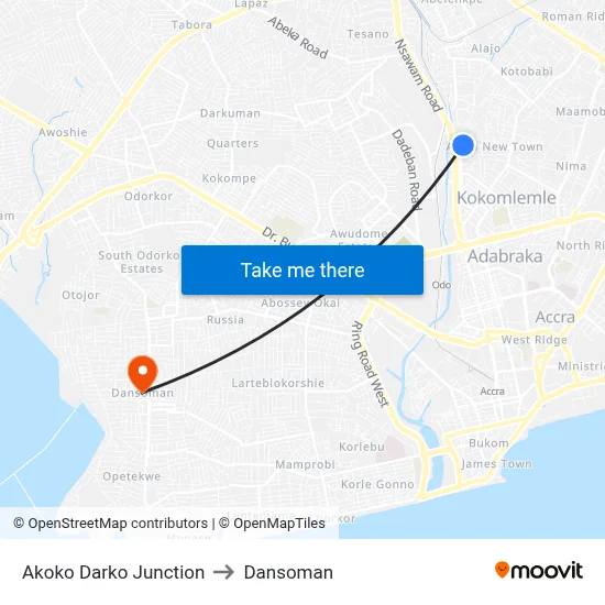 Akoko Darko Junction to Dansoman map