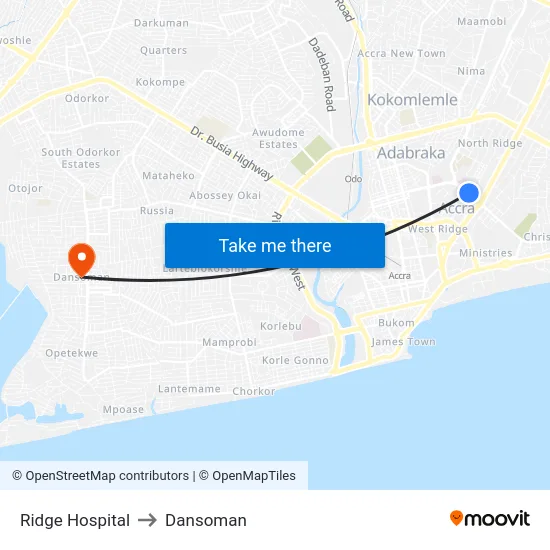 Ridge Hospital to Dansoman map
