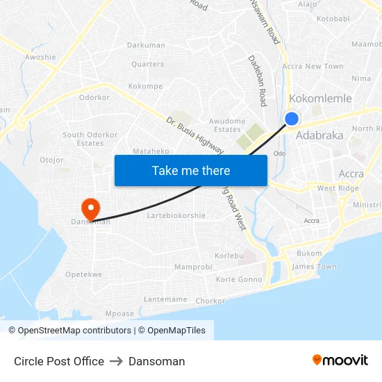 Circle Post Office to Dansoman map