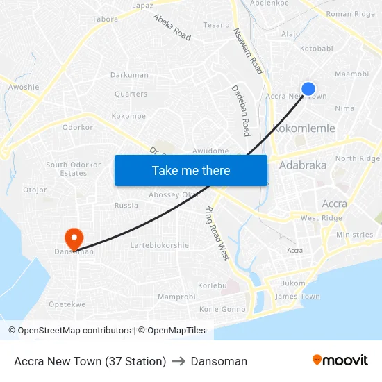 Accra New Town (37 Station) to Dansoman map