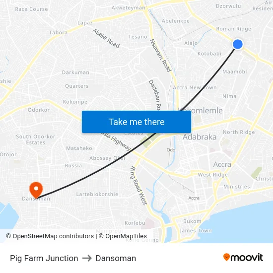 Pig Farm Junction to Dansoman map