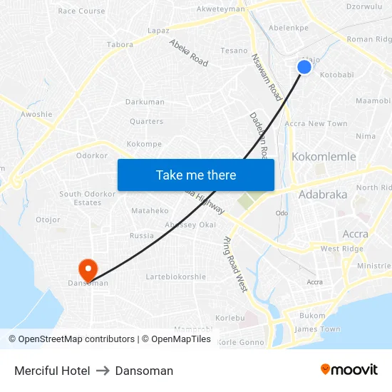 Merciful Hotel to Dansoman map